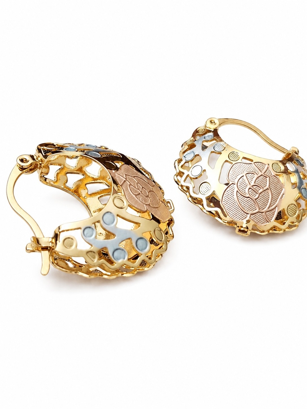Gold Floral Filigree Hoop Earrings Blue & Rose Accents NWT - Picture 2 of 2